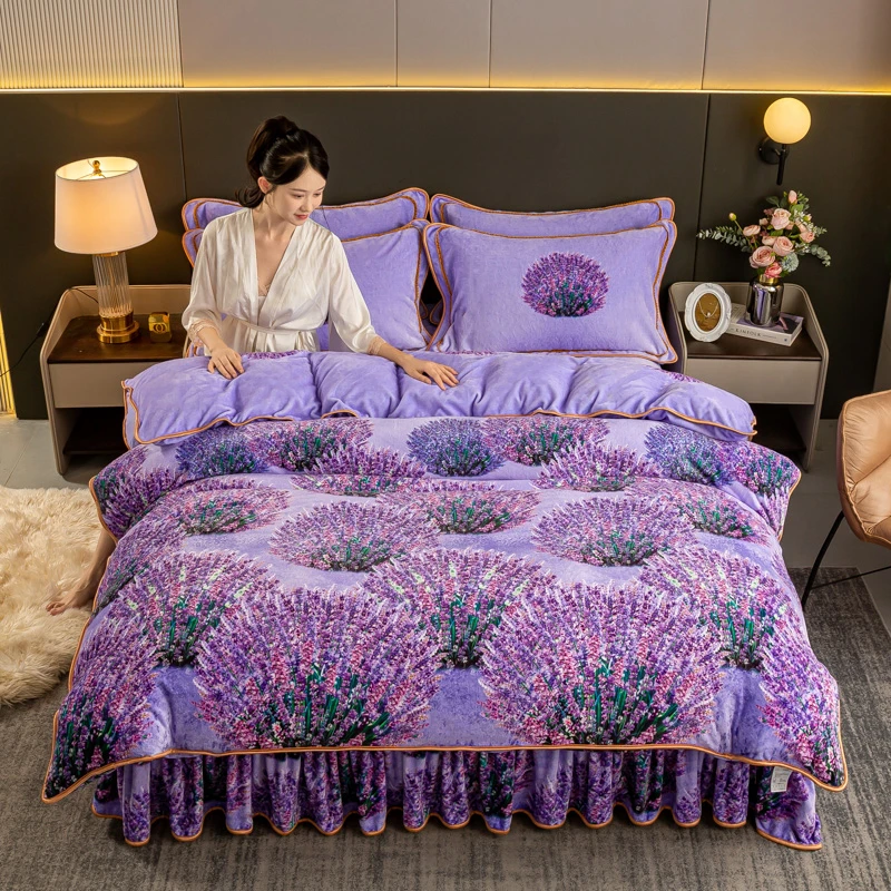 秋冬加厚牛奶绒床裙床单款四件套金貂珊瑚绒床单被套法兰绒三件套