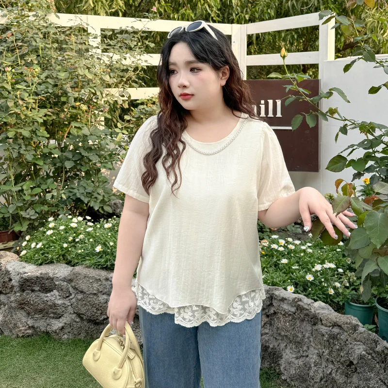 DX7376大码女装【南法夏日】钩花蕾丝拼接t恤夏季链珠圆领短袖上衣