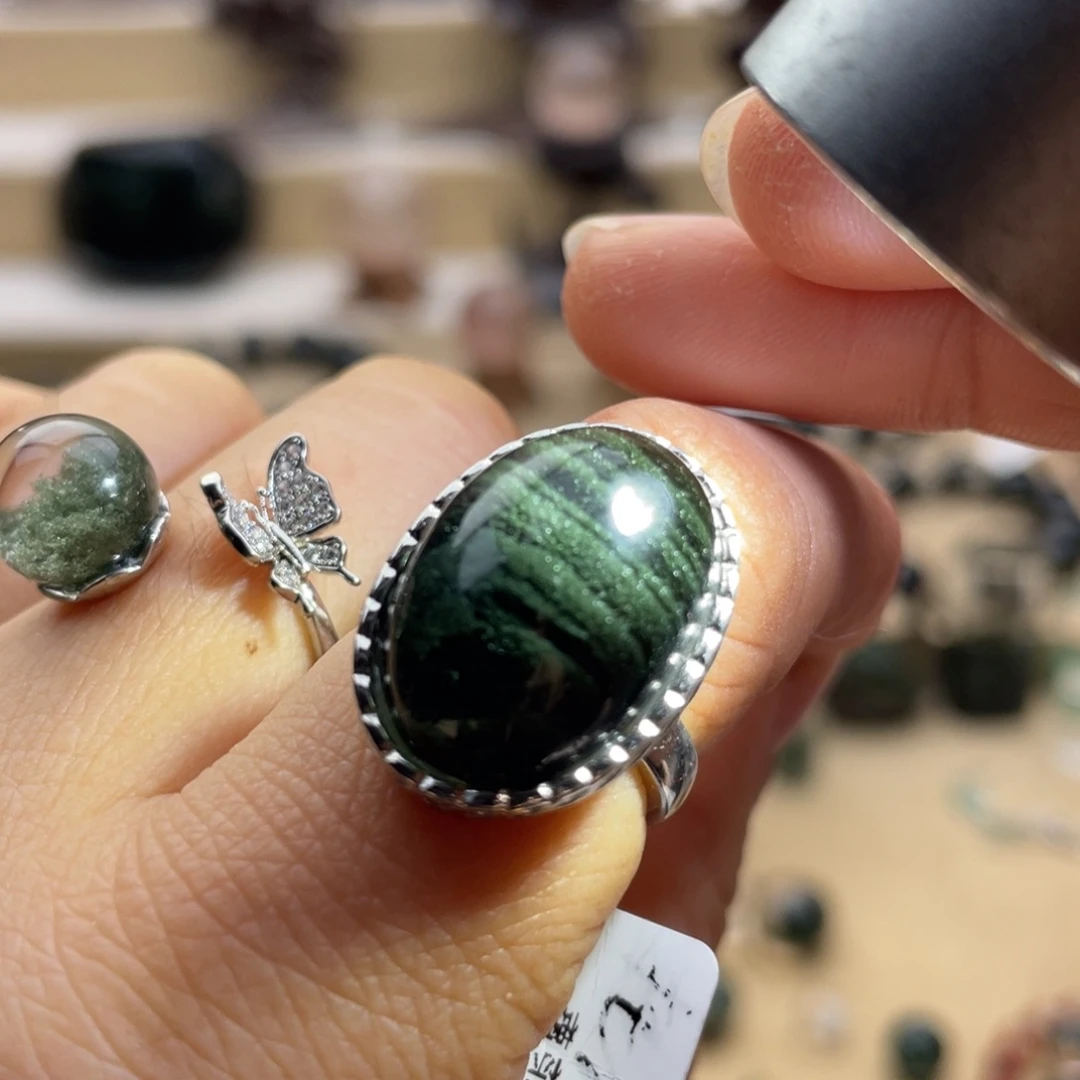 银S925镶嵌水晶戒指绿幽灵千层蛋面戒指