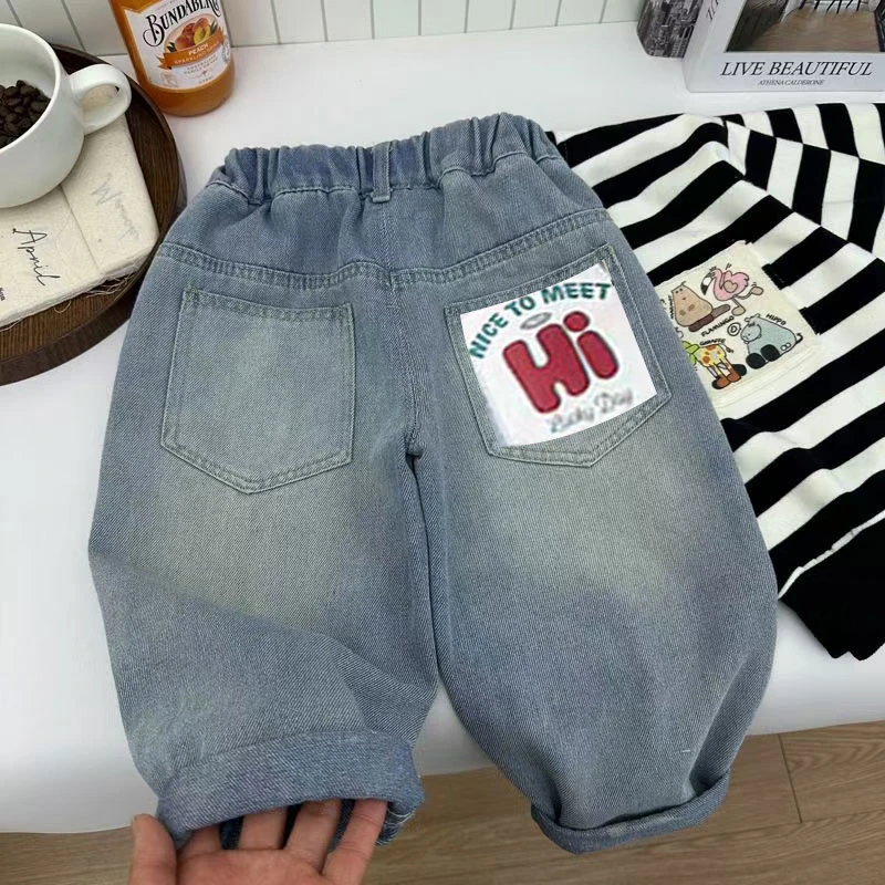 男童早秋季泼墨直筒宽松牛仔长裤2025新款儿童男孩春秋帅气裤子潮