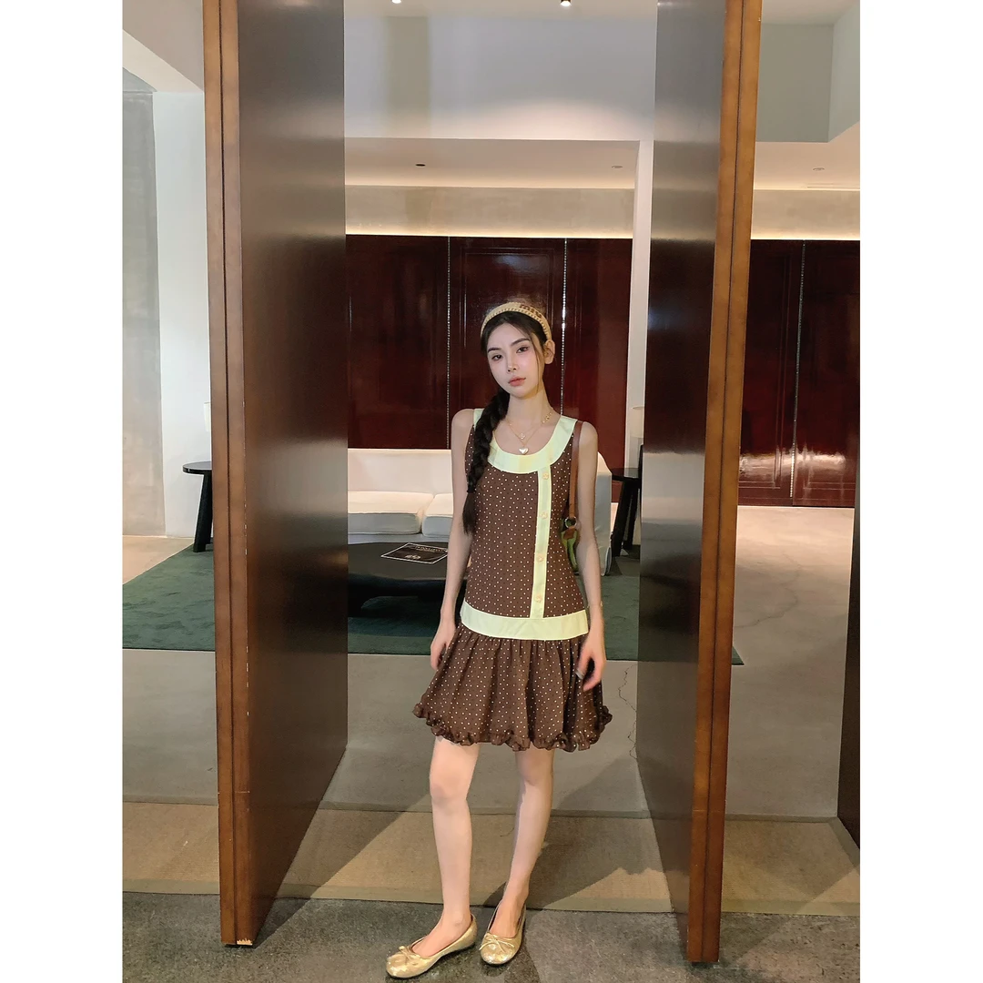 【赵小小&焦糖可可】28507 复古日系甜美拼接波点蝶结无袖连衣裙女
