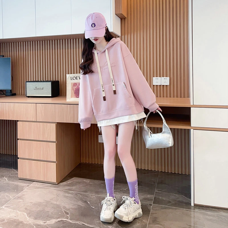 春秋长袖卫衣女慵懒风韩版宽松大码连帽设计感中长款薄款网红上衣