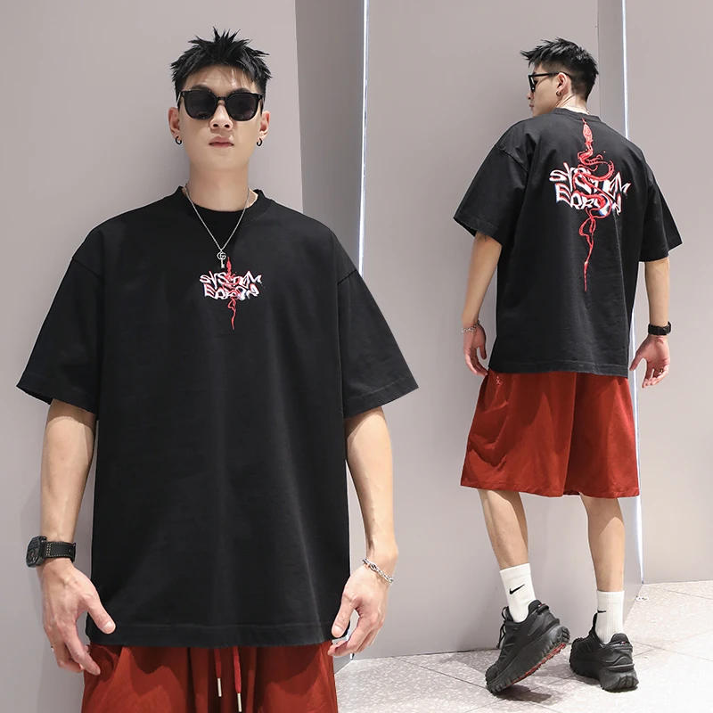 有术蛇年国潮夏季新款短袖T恤男潮流高级感痞帅街头宽松5分袖印绣