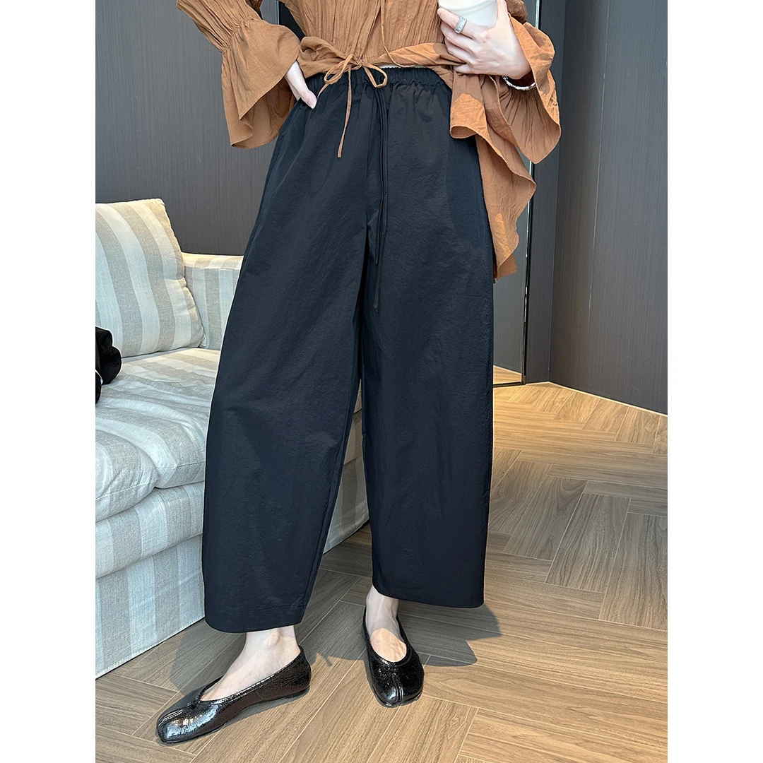 秋上新法式重工立裁极简百搭亚麻弯刀休闲裤阔腿裤宽松薄款垂感