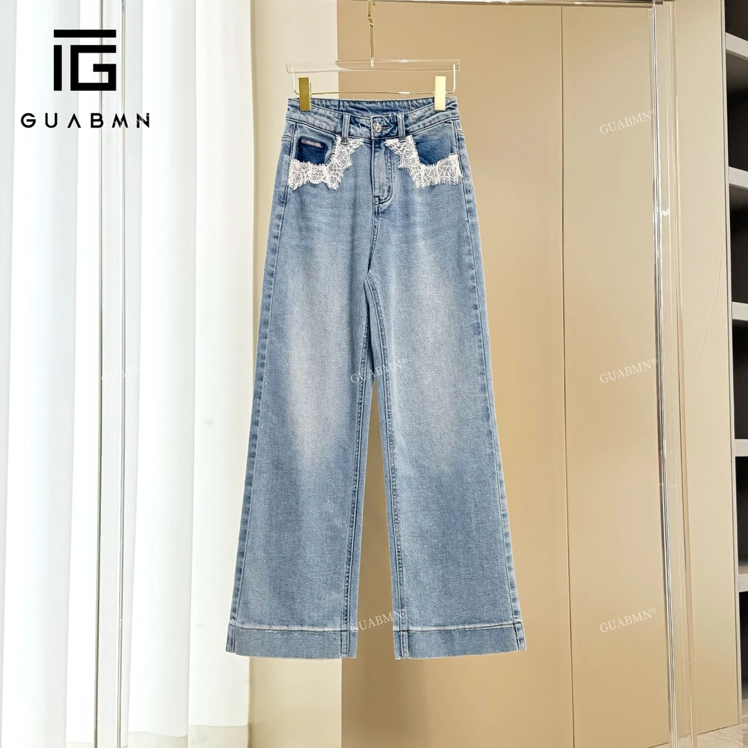 GUABMN2025夏季新款轻奢小众蕾丝烫钻高腰阔腿裤牛仔裤3902