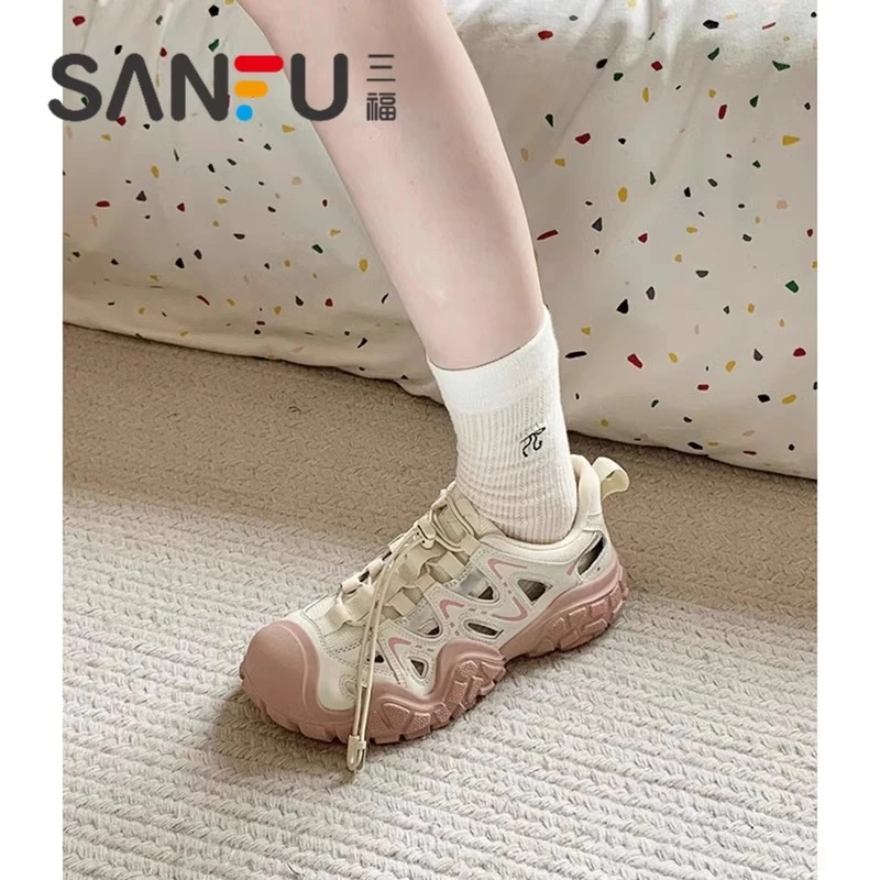 三福厚底丑萌休闲鞋女2025春夏新款户外镂空运动凉鞋登山鞋老爹鞋