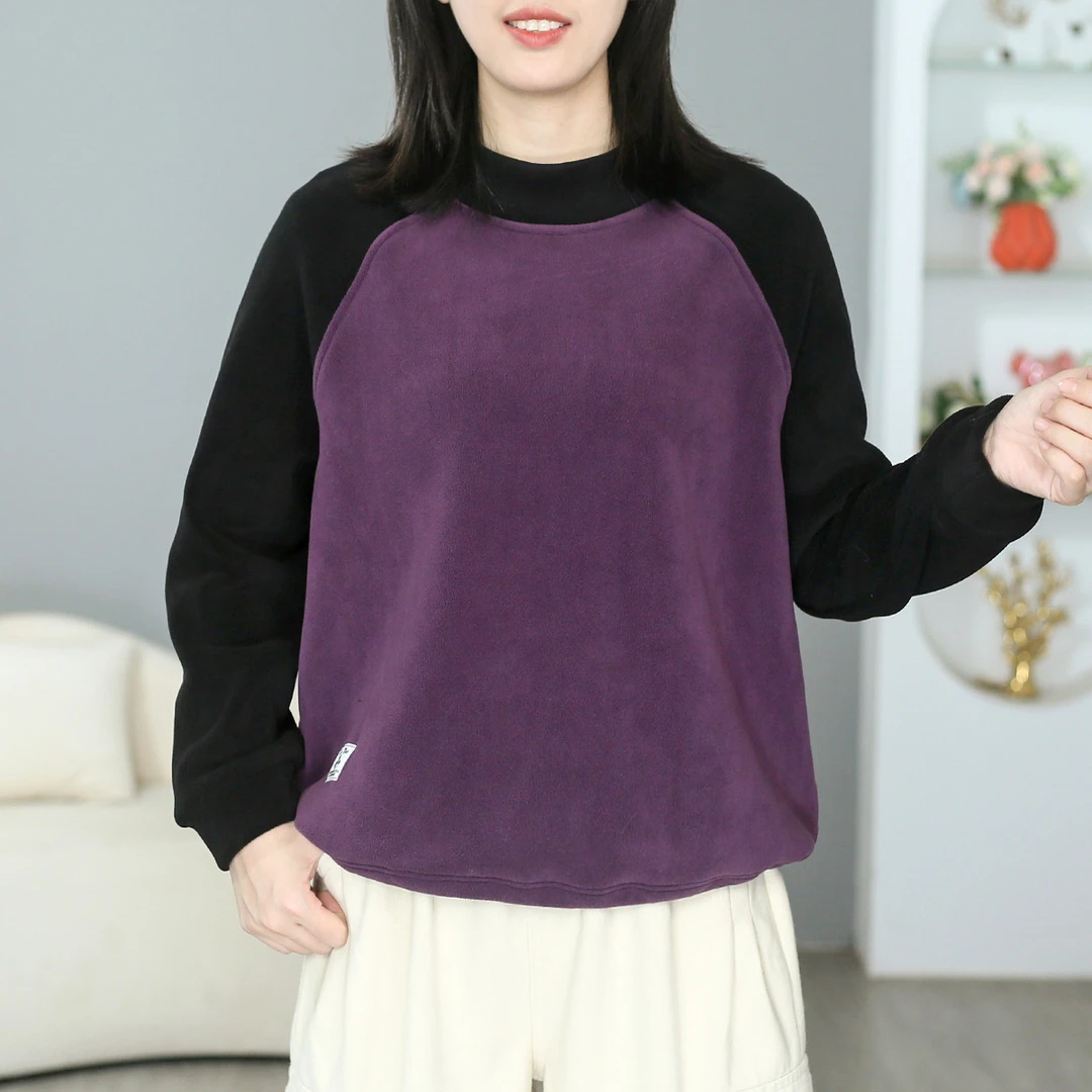 秋冬新款贴标双面绒插肩袖拼色慵懒风卫衣女宽松百搭减龄上衣Z137