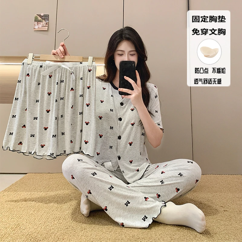 莫代尔带胸垫睡衣女款爆款2025新款米妮印花短袖长裤家居服三件套