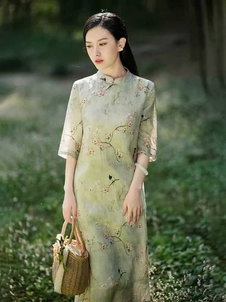 中国风苎麻连衣裙复古2025夏棉麻文艺气质改良版花色立领旗袍裙子