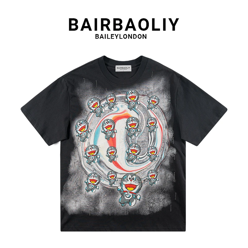 BAIRBAOLIY哆啦A梦联名款油画质感闪钻渐变宽松版短袖T恤男女同款