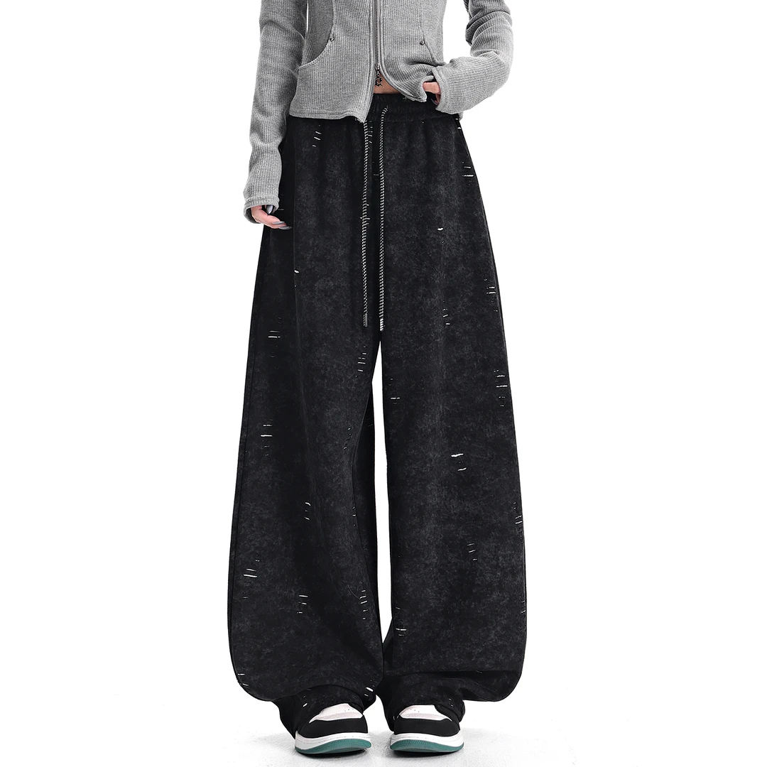 KEN STUDIO秋冬新款美式黑色阔腿弯刀卫裤女宽松垂感运动休闲裤子