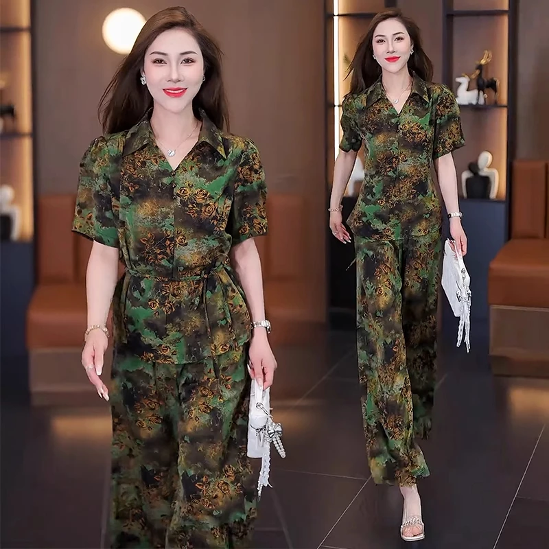 时尚雪纺套装女2025夏季新款洋气质收腰系带碎花短袖阔腿裤两件套