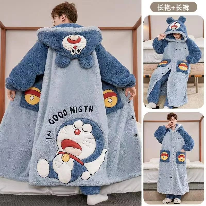 冬季男士睡袍连帽加绒加厚珊瑚绒青年卡通加肥大码保暖家居服套装