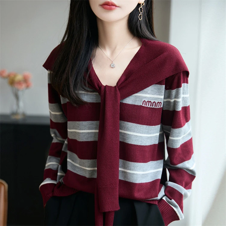 100%品牌正品早秋时尚撞色条纹羊毛开衫宽松长袖纯欲慵懒风女装