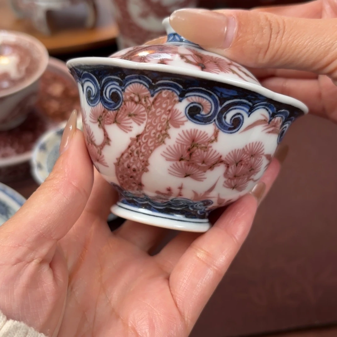 陶松竹梅盖碗青花釉里红