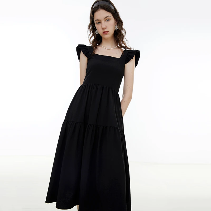 法式小黑裙2025夏季新款荷叶边方领吊带连衣裙女赫本风显瘦A字裙
