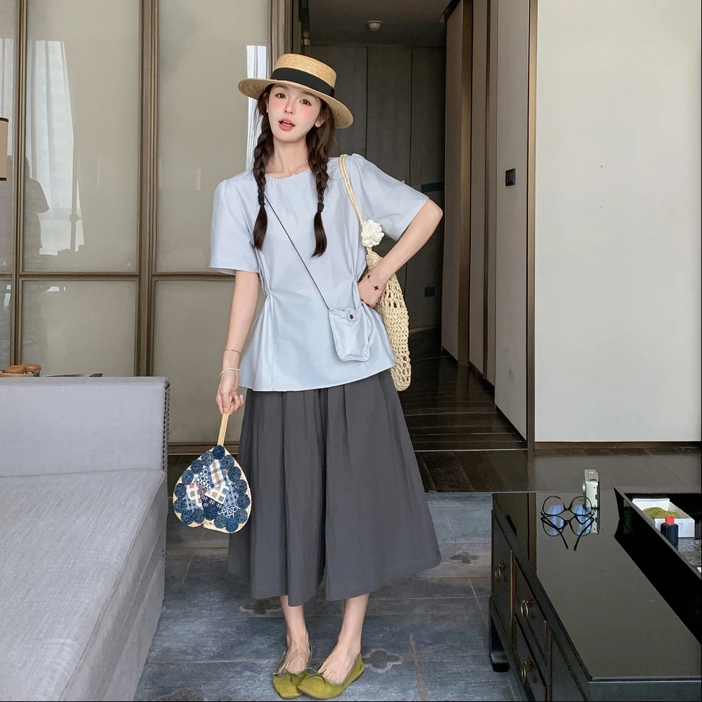 清纯系松弛感穿搭套装女2025夏季新款设计感上衣宽松阔腿裤两件套