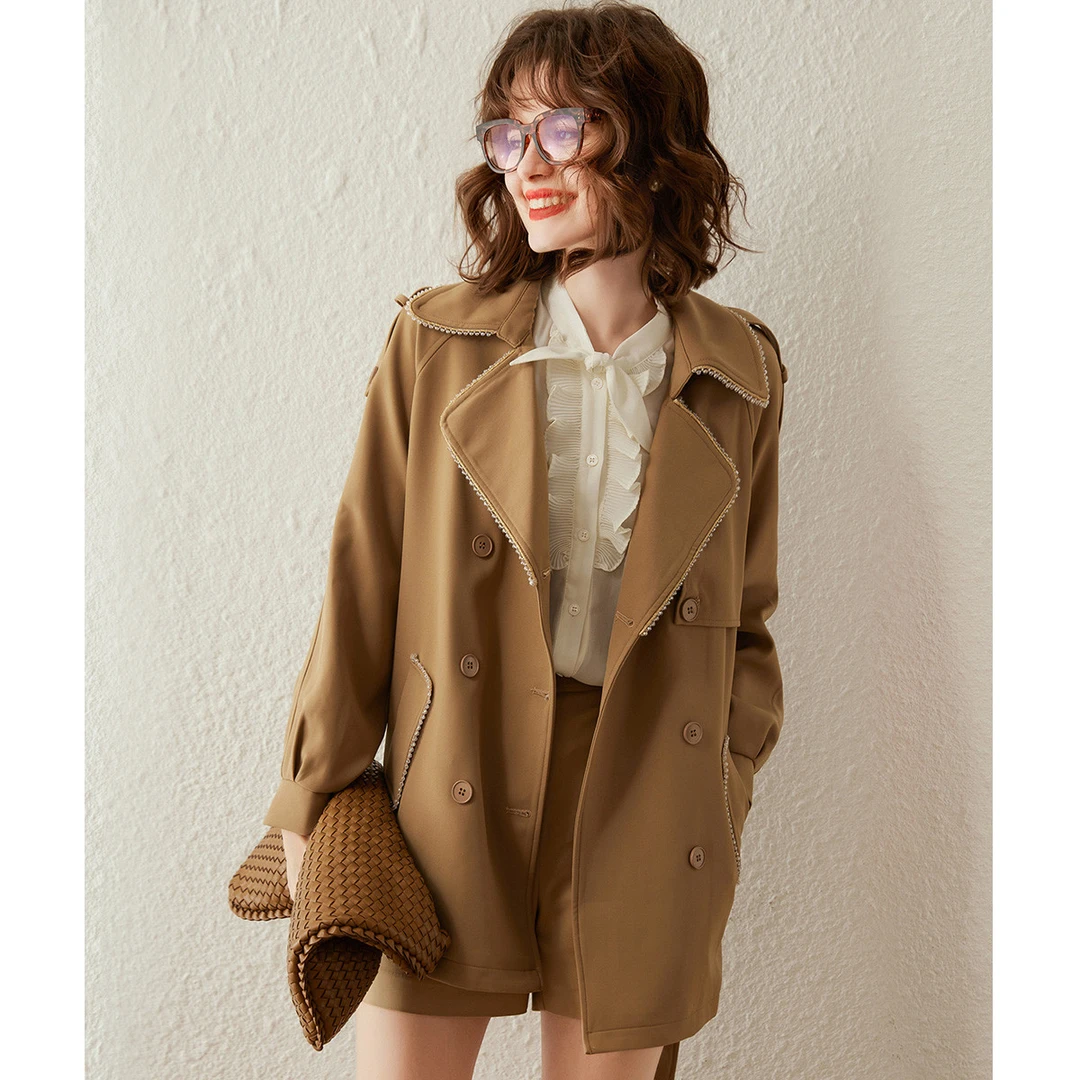 白鹿语春时尚百搭气质简约灯笼袖翻领中长款风衣外套女WBL22967