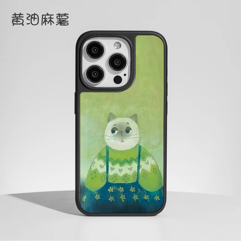 油画猫咪适用于iphone15女款苹果16promax手机壳简约14/13玻璃壳