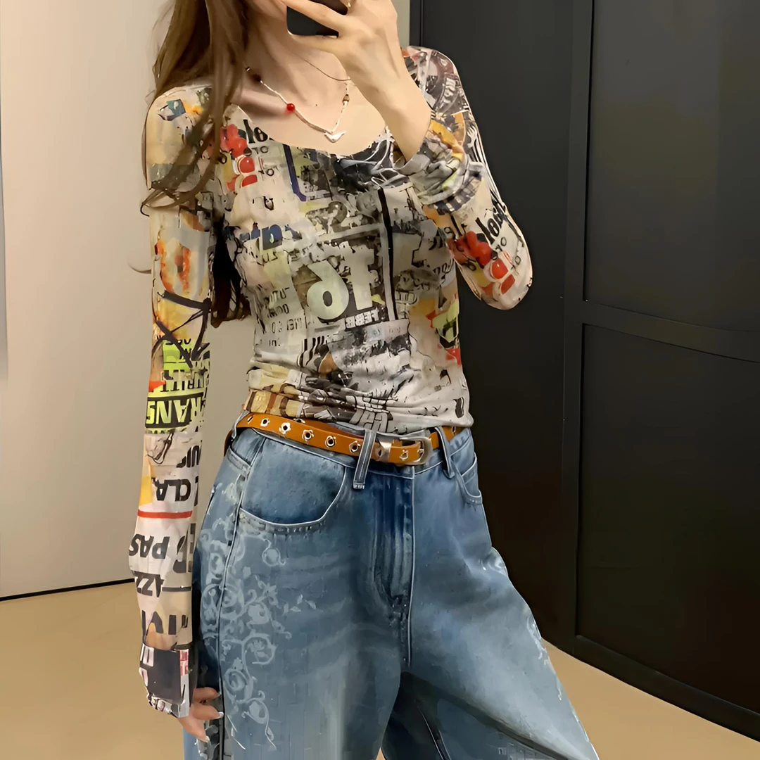 【纽约名媛】冰凉透气无感印花复古亮片U领网纱T恤