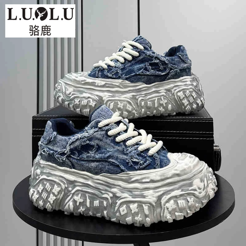 欧洲站男鞋夏季潮牌百搭运动休闲鞋青少年厚底增高牛仔布老爹潮鞋