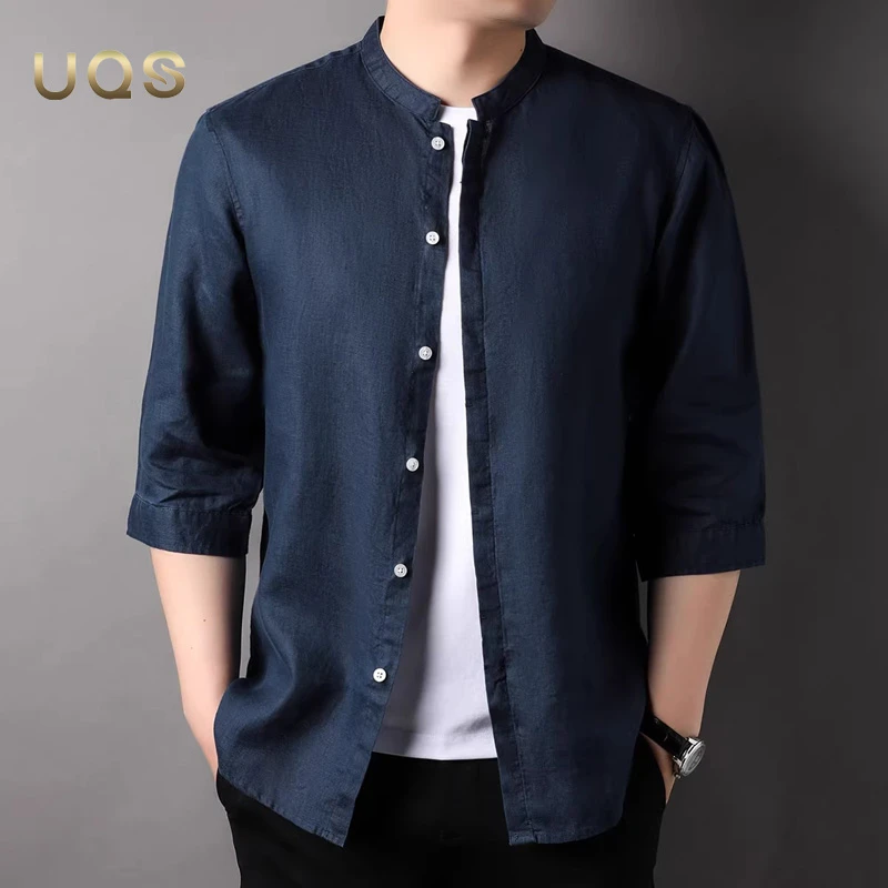 夏季纯亚麻七分袖衬衫男士中国风立领日常休闲薄款亲肤简约通勤款