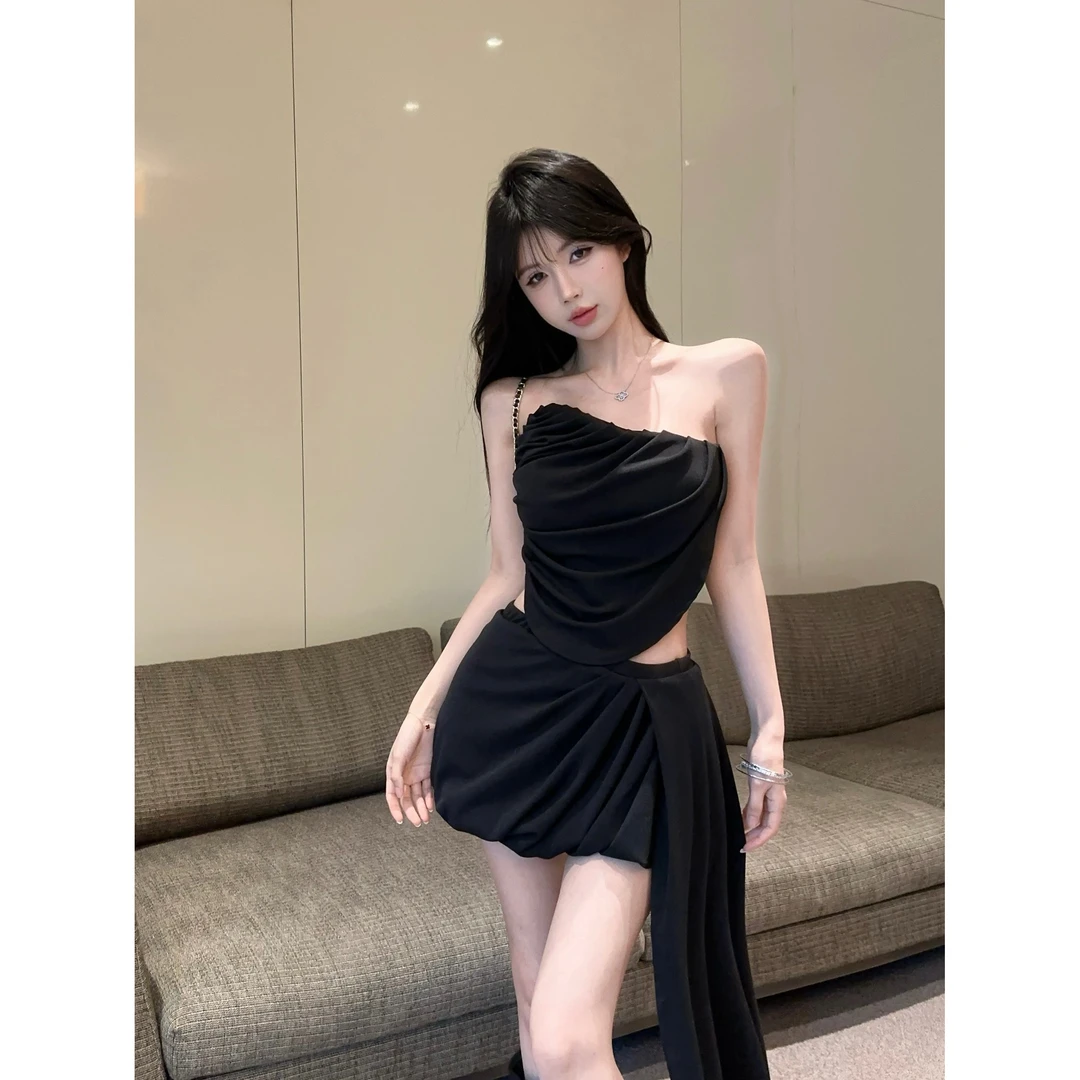 纯欲设计不规则抹胸背心套装女韩系辣妹褶皱高腰显瘦半身裙两件套