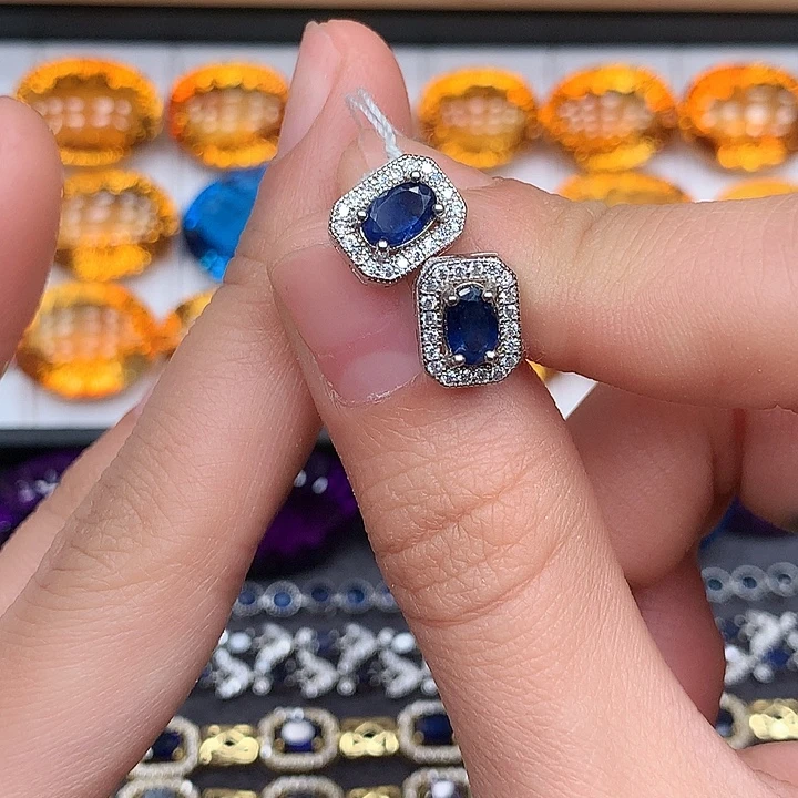 蓝宝石耳饰银S925镶嵌