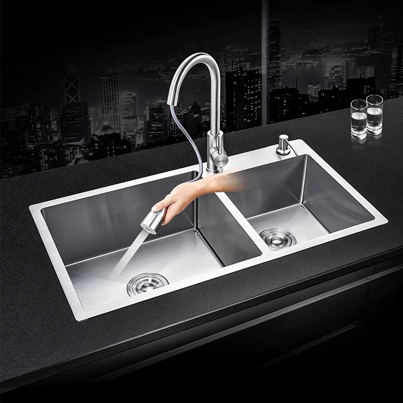 NILLOS尼洛施3MM加厚水槽304不锈钢手工双槽套餐带龙头