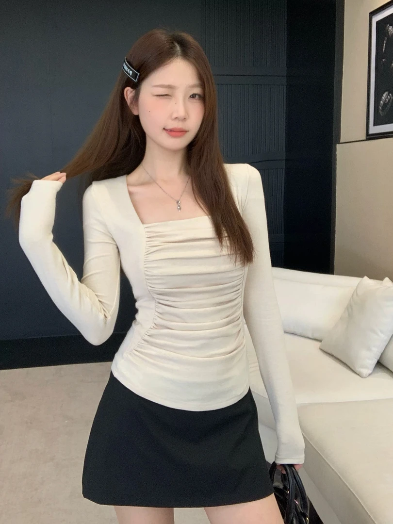 大码胖MM秋冬新款时尚纯欲风褶皱方领长袖T恤收腰修身显瘦打底衫