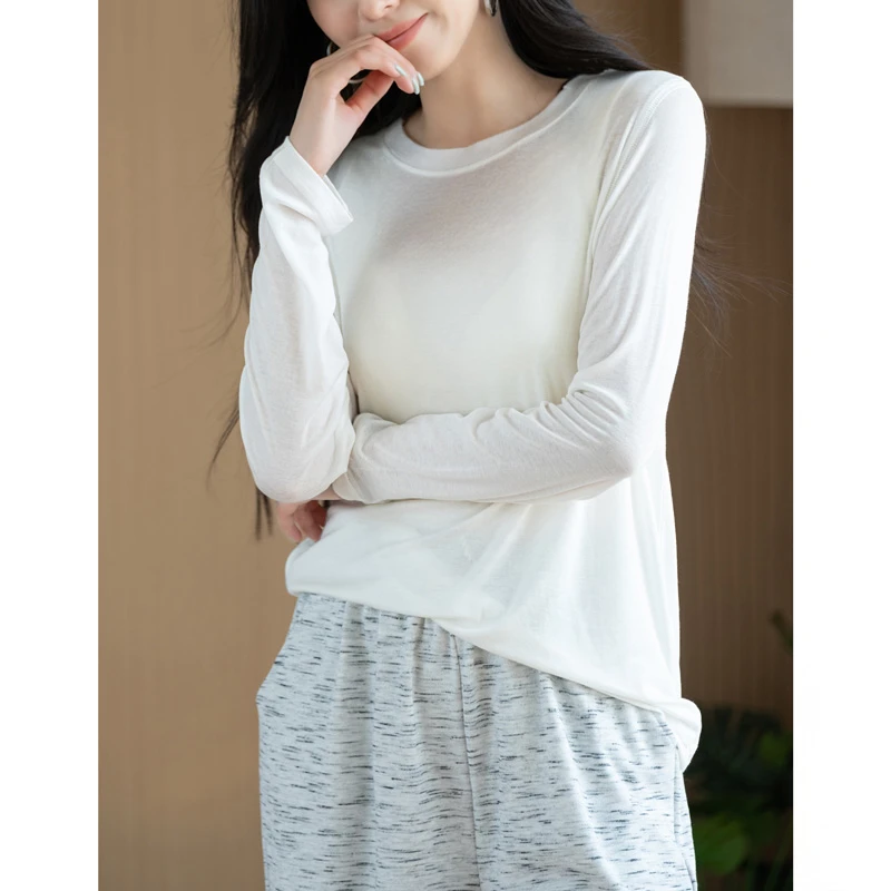 莱赛尔＋天丝羊毛打底衫女春秋冬柔软舒适百搭长袖内搭T恤衫上衣
