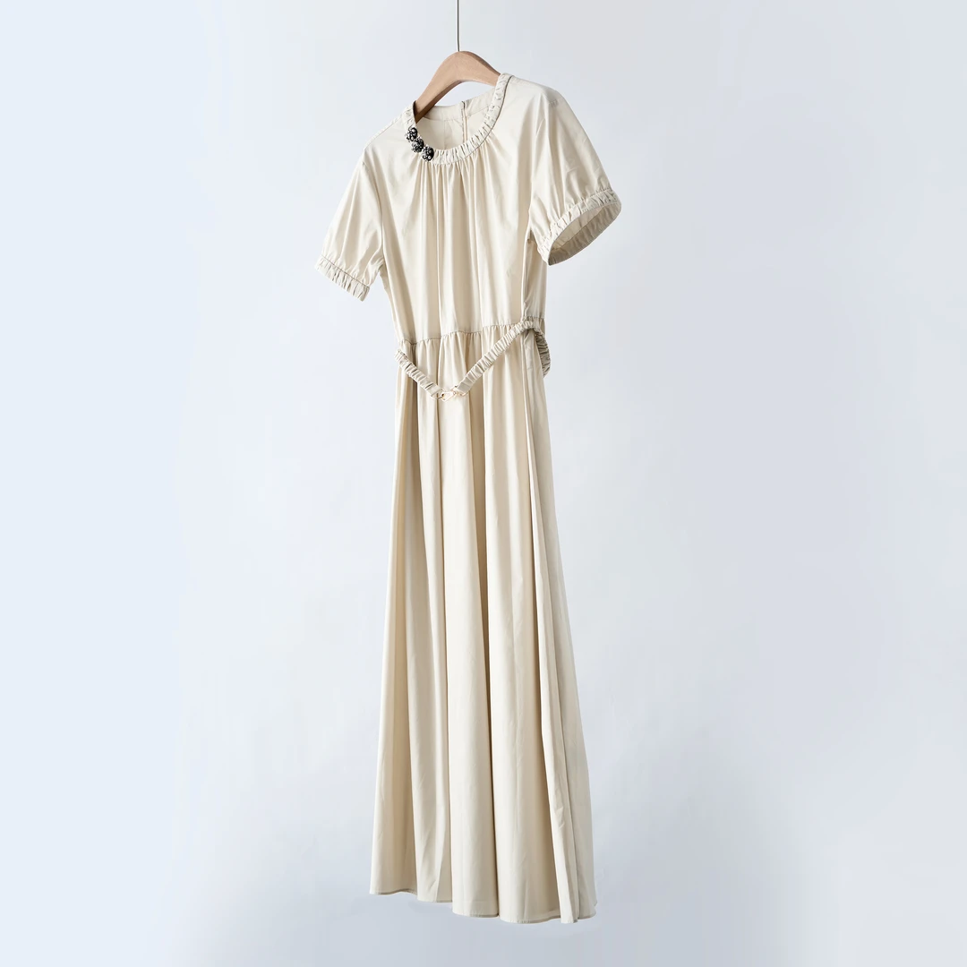 【YS11512】25夏季新品重磅天丝棉褶皱钉珠领围短袖连衣裙女附腰带