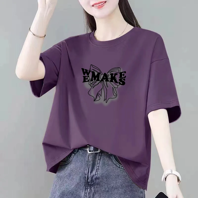 大码女装夏季新款休闲百搭韩版大码宽松显瘦遮肉圆领短袖纯棉T恤