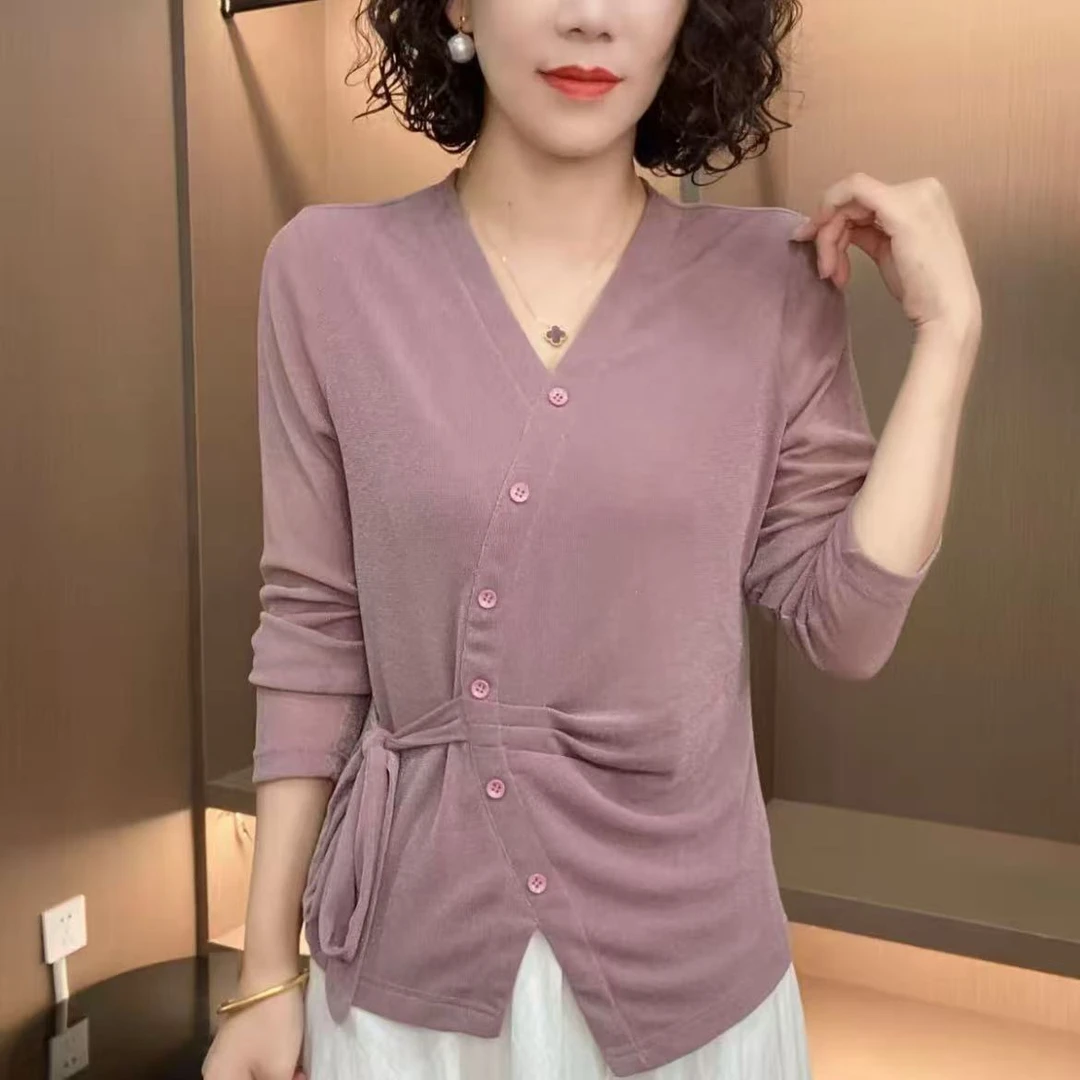 秋季爆款纯色弹力网纱修身光版系带长袖纽扣洋气时尚妈妈装打底衫