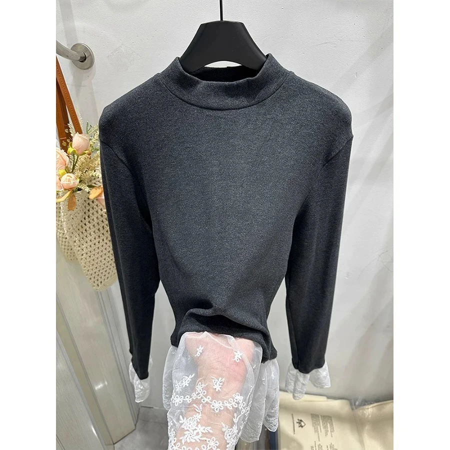 新疆包邮【7016】蕾丝拼接长袖T恤-长60