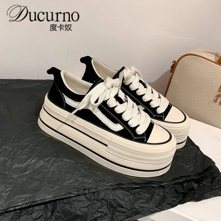 DUCURNO松糕厚底轻便休闲板鞋女前系带黑色帆布鞋时尚百搭学生鞋