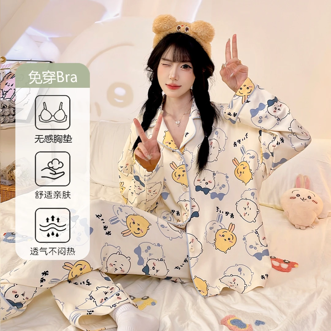 家居服女可外穿带胸垫春秋小个子长袖长裤可外穿甜美卡通睡衣套装
