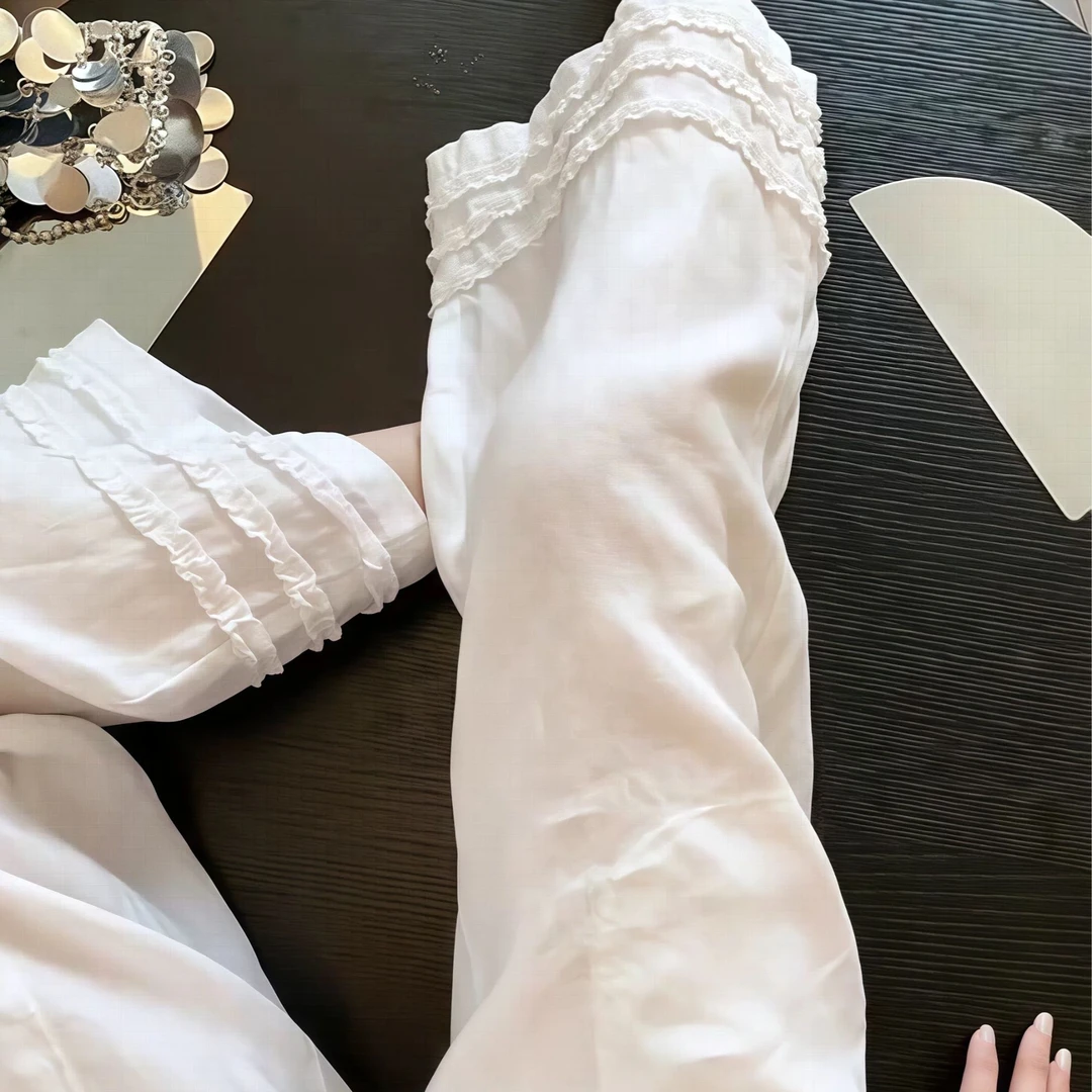 纯色松紧高腰天丝亚麻木耳边夏季百搭休闲裤直筒职场休闲风阔腿裤