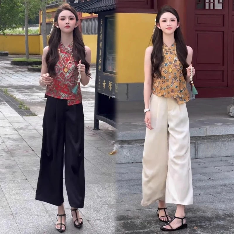 时尚国风套装女2025夏季新款时髦洋气盘扣新中式上衣阔腿裤两件套