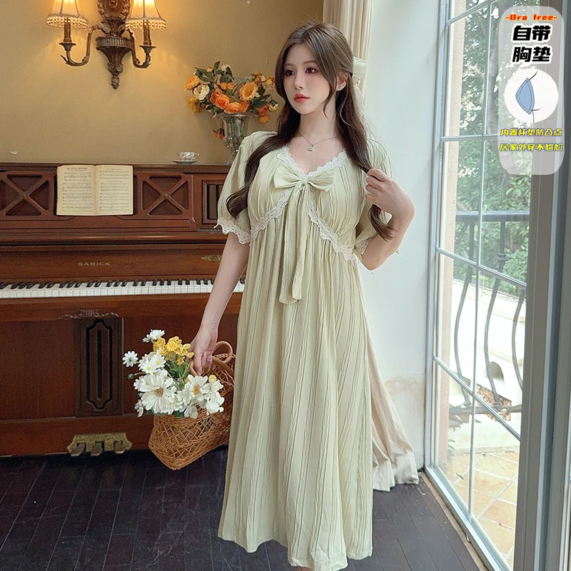 2025带胸垫睡裙女款夏季高颜值小清新睡衣蝴蝶结夏天家居服可外穿