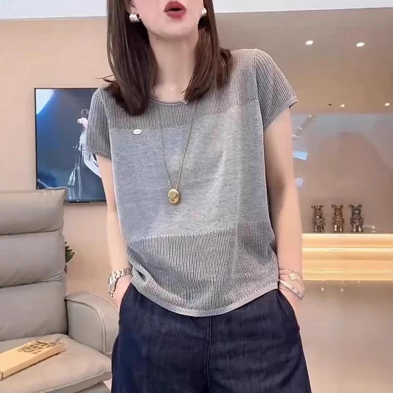 【清仓】大码欧货圆领短袖T恤夏季薄款针织衫微胖mm显瘦遮肉宽