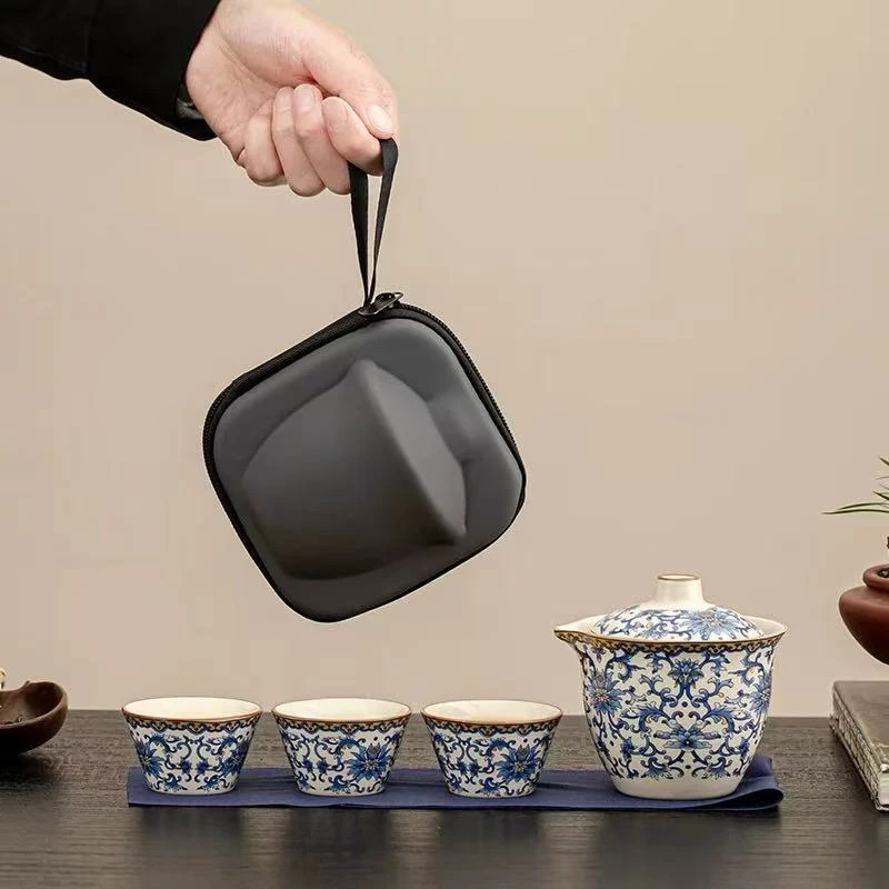 秋香茶具 定窑白缠枝莲旅行茶具户外便携式旅行茶具-5619-0824