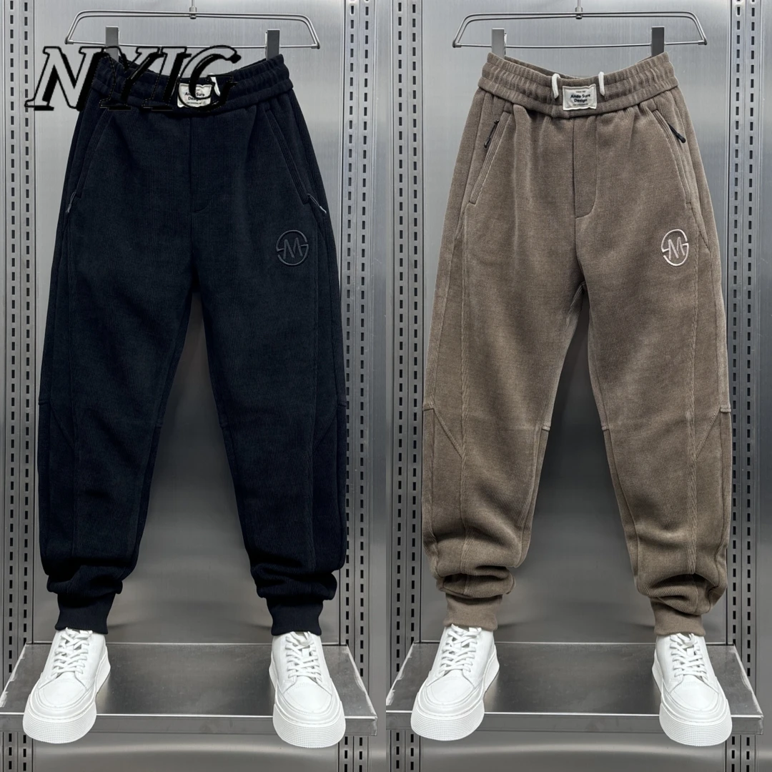 NYIG新款男士灯芯绒加厚款纯色哈伦裤潮牌痞帅字母简约束脚运动裤