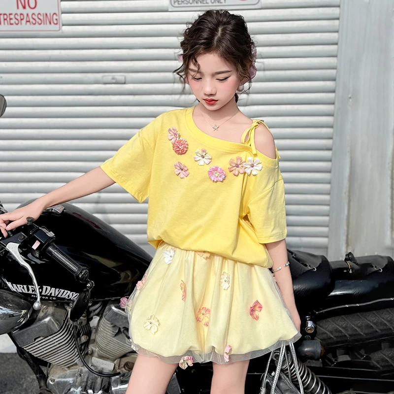 女童套装夏季公主裙子2025新款时髦洋气短袖T恤甜美花苞裙两件套8