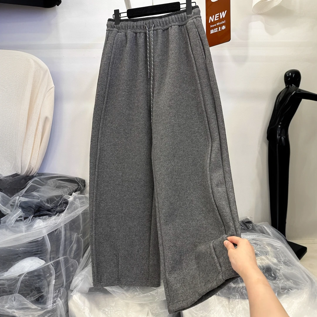 韩系松紧腰系带加绒休闲裤女2024冬季新款高腰显瘦羊毛呢直筒长裤