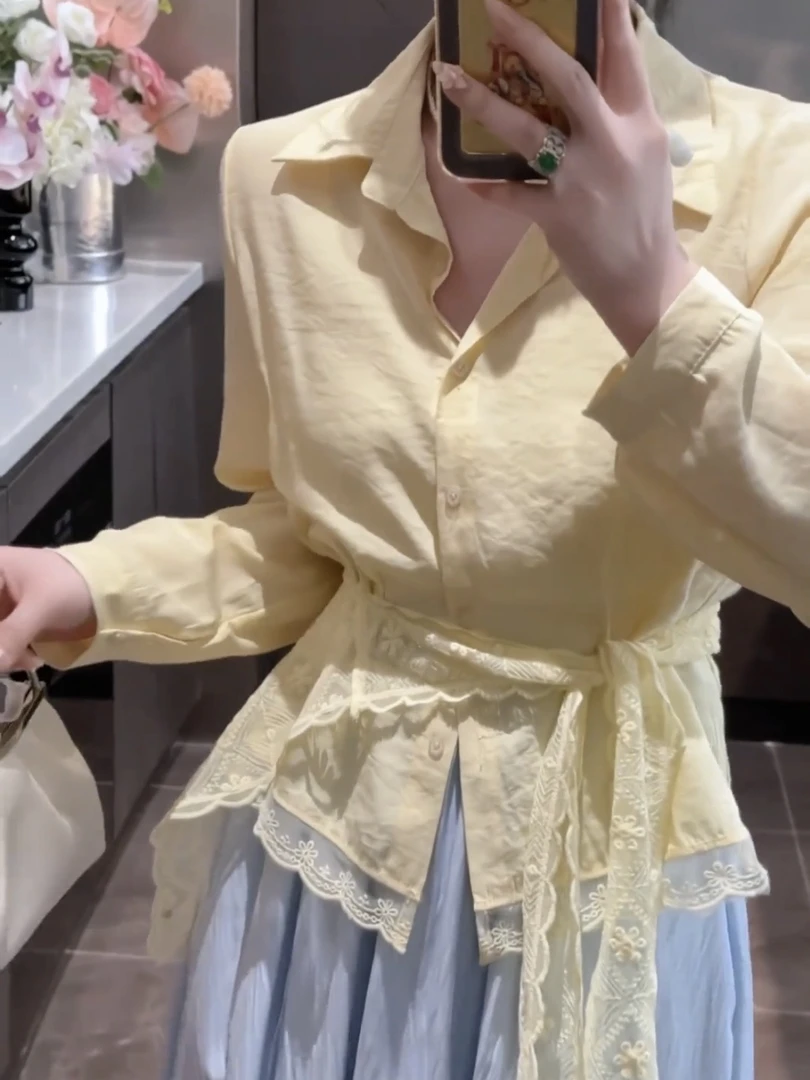 法式气质蕾丝披肩+黄色polo领衬衫女2025年春季新款叠穿开衫衬衣