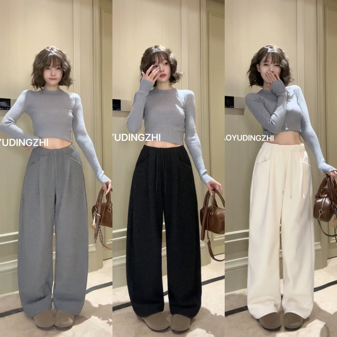 【大货清清】慵懒风云朵绒阔脚裤加绒加厚女秋冬新款宽松显瘦弯刀裤