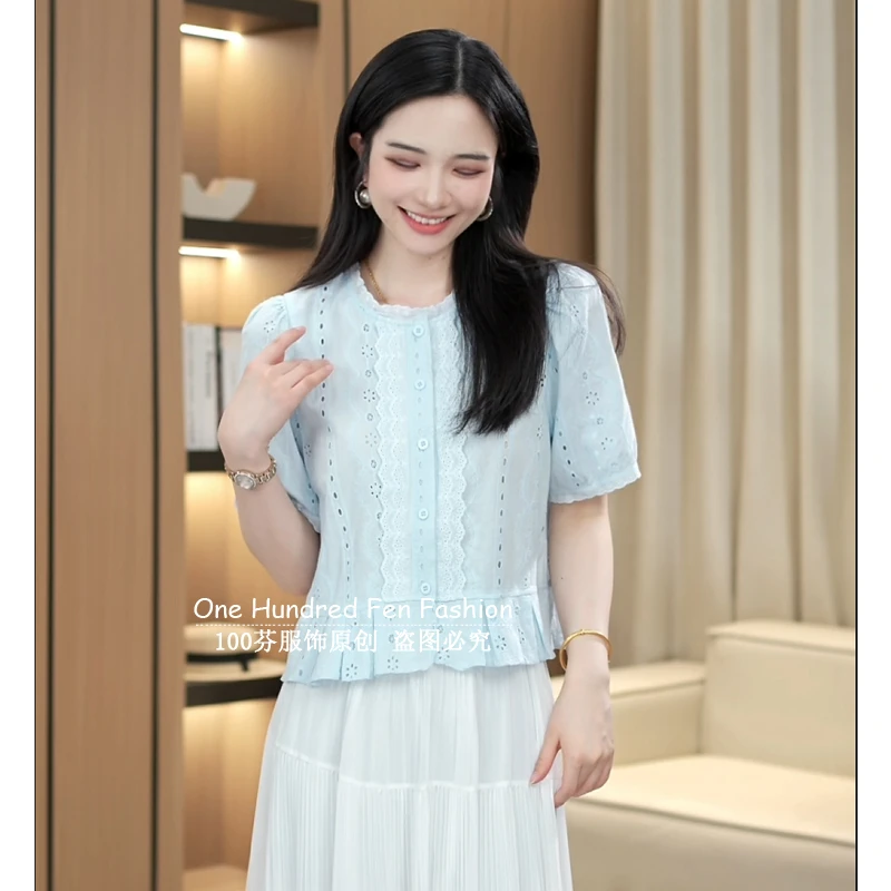 蕾丝钩花短袖衬衫2025新款夏季小衫宽松设计感泡泡袖短款上衣女