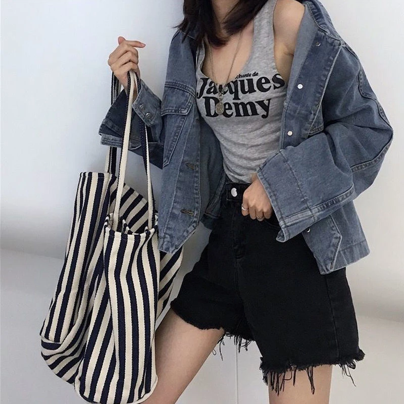 B015韩版包包女新款潮网红复古条纹托特包单肩购物包大容量帆布包