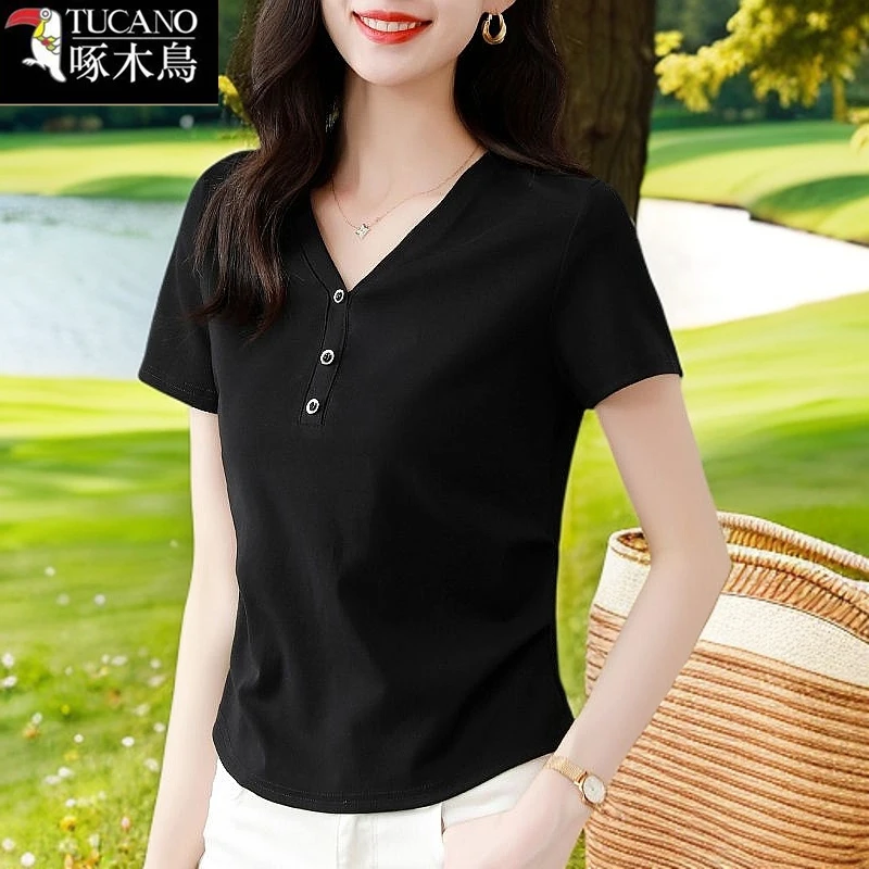 啄木鸟新款夏季短袖显瘦休闲百搭T恤2025年女士气质高级感V领上衣